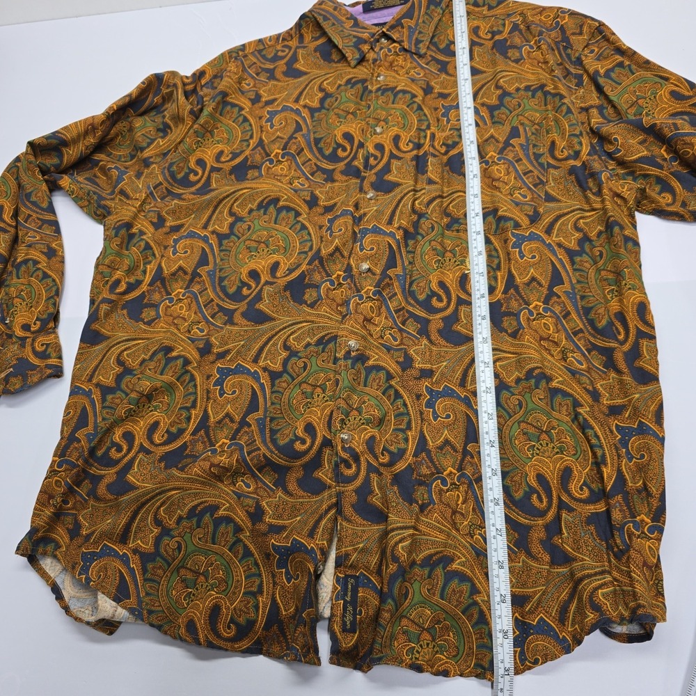 Tommy Hilfiger Mens Large Paisley Button Down Shirt Gold Blue Rayon Wool Blend - Picture 5 of 7